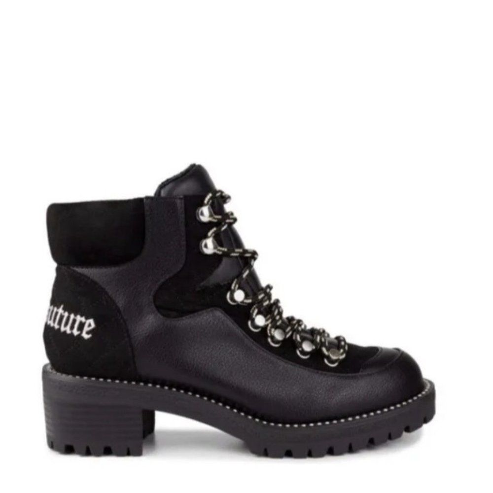Womens Juicy Couture 6.5 Booties Hiking Boot Lace Up Indulgence Black EUC 6542